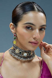 Oxidised Silver Finish Imitation Kundan Polki Necklace Set