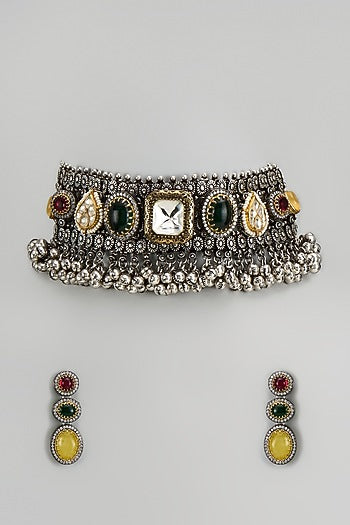 Oxidised Silver Finish Imitation Kundan Polki Necklace Set