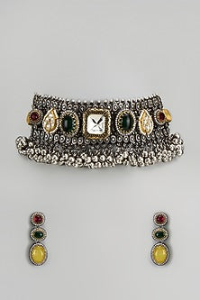 Oxidised Silver Finish Imitation Kundan Polki Necklace Set
