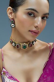 Gold Finish Imitation Kundan Polki & Green Semi-Precious Stone Necklace Set
