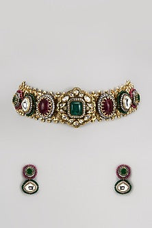 Gold Finish Imitation Kundan Polki & Green Semi-Precious Stone Necklace Set