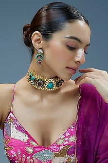 Gold Finish Imitation Kundan Polki & Blue Semi-Precious Stone Necklace Set
