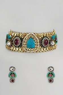 Gold Finish Imitation Kundan Polki & Blue Semi-Precious Stone Necklace Set