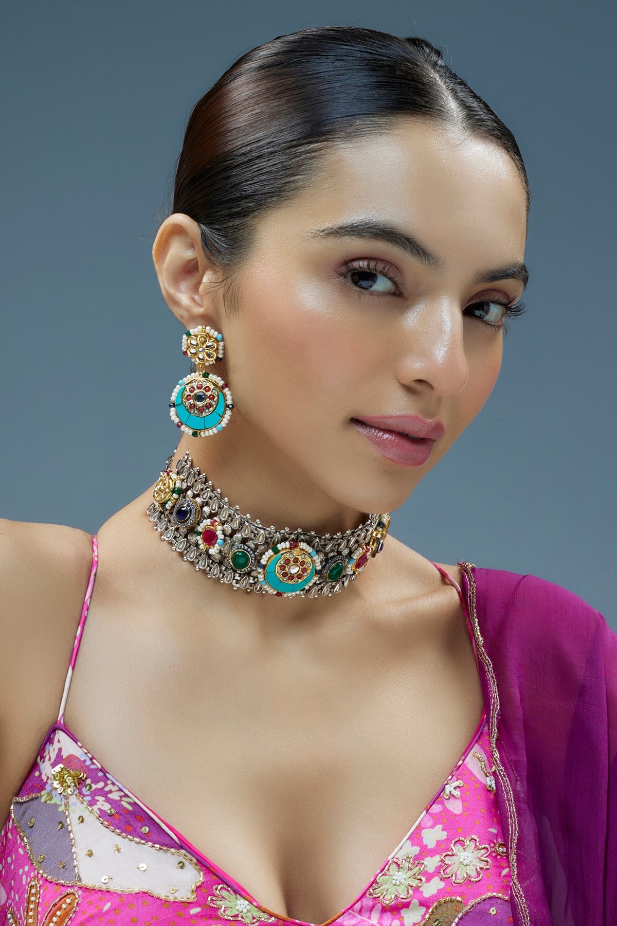 Oxidised Silver Finish Imitation Kundan Polki Necklace Set