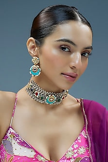 Oxidised Silver Finish Imitation Kundan Polki Necklace Set