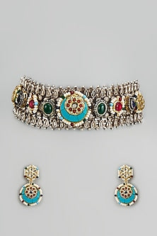 Oxidised Silver Finish Imitation Kundan Polki Necklace Set