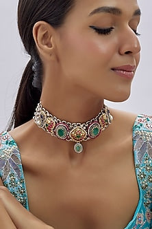 Oxidised Silver Finish Imitation Kundan Polki Necklace