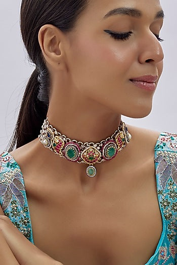 Oxidised Silver Finish Imitation Kundan Polki Necklace
