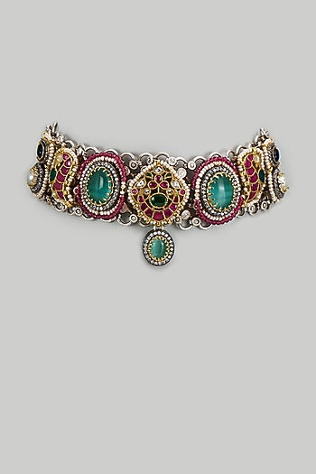 Oxidised Silver Finish Imitation Kundan Polki Necklace