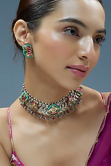 Oxidised Silver Finish Imitation Kundan Polki Necklace Set