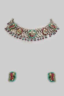 Oxidised Silver Finish Imitation Kundan Polki Necklace Set