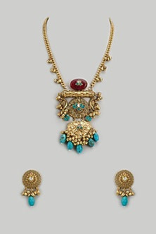 Gold Finish Imitation Kundan Polki & Semi-Precious Stone Necklace Set