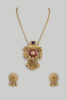 Gold Finish Imitation Kundan Polki & Semi-Precious Stone Necklace Set
