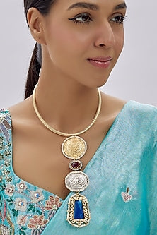 Gold Finish Kundan Polki & Green Semi-Precious Stone Necklace