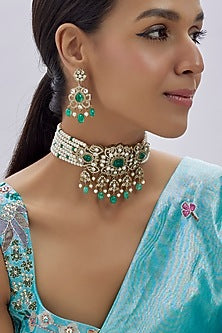 Gold Finish Kundan Polki & Green Semi-Precious Stone Necklace Set