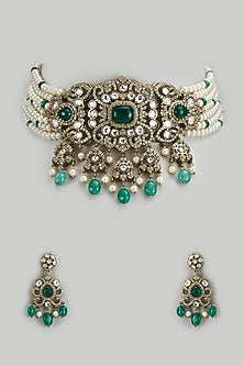 Gold Finish Kundan Polki & Green Semi-Precious Stone Necklace Set