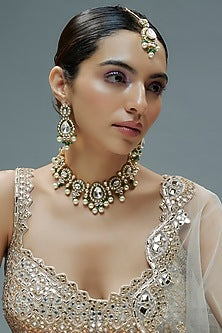 Gold Finish Kundan Polki & Green Semi-Precious Stone Necklace Set