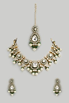 Gold Finish Kundan Polki & Green Semi-Precious Stone Necklace Set