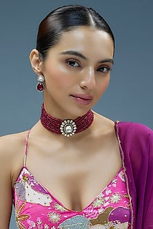 Gold Finish Kundan Polki & Red Semi-Precious Stone Choker Necklace Set
