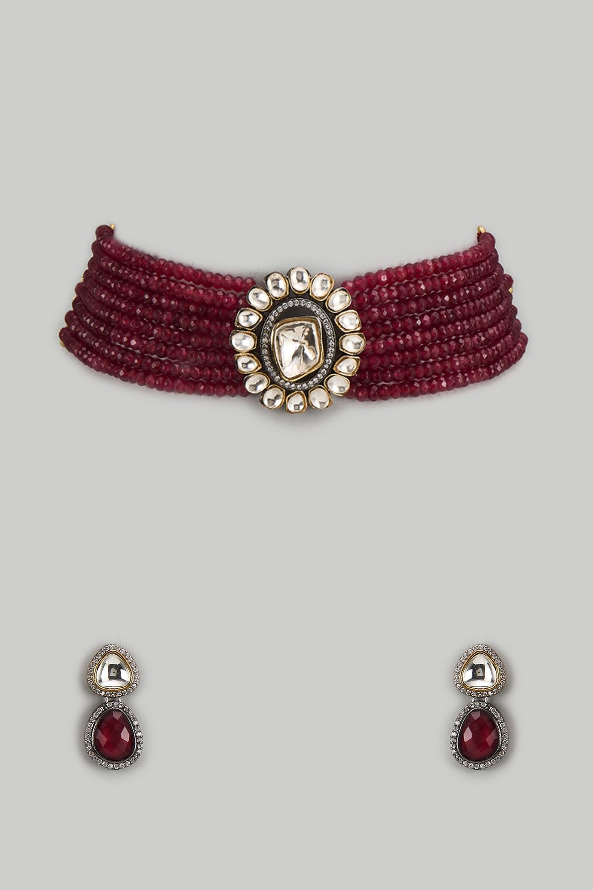Gold Finish Kundan Polki & Red Semi-Precious Stone Choker Necklace Set