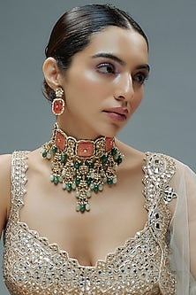 Gold Finish Kundan Polki & Green Semi-Precious Stone Necklace Set