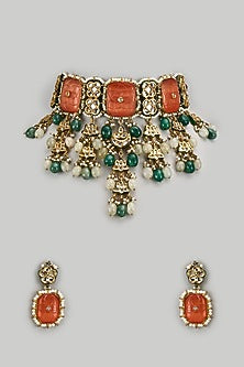 Gold Finish Kundan Polki & Green Semi-Precious Stone Necklace Set