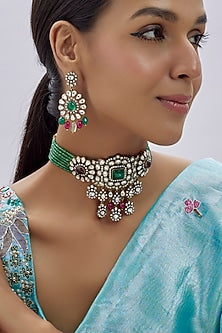 Gold Finish Kundan Polki & Green Semi-Precious Stone Necklace Set