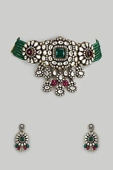 Gold Finish Kundan Polki & Green Semi-Precious Stone Necklace Set