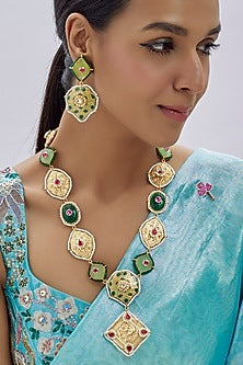 Gold Finish Kundan Polki & Semi-Precious Stone Necklace Set
