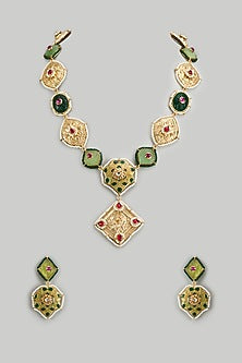 Gold Finish Kundan Polki & Semi-Precious Stone Necklace Set