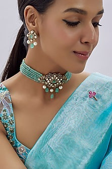 Gold Finish Kundan Polki & Green Semi-Precious Stone Choker Necklace Set