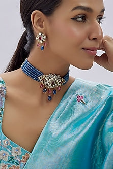 Gold Finish Kundan Polki & Blue Semi-Precious Stone Choker Necklace Set