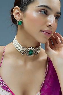 Gold Finish Kundan Polki & Green Semi-Precious Stone Choker Necklace Set