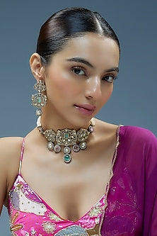 Gold Finish Kundan Polki & Green Semi-Precious Stone Choker Necklace Set