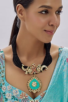 Gold Finish Kundan Polki Black Jute Necklace