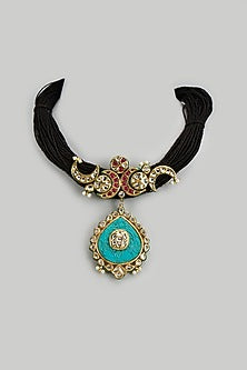 Gold Finish Kundan Polki Black Jute Necklace