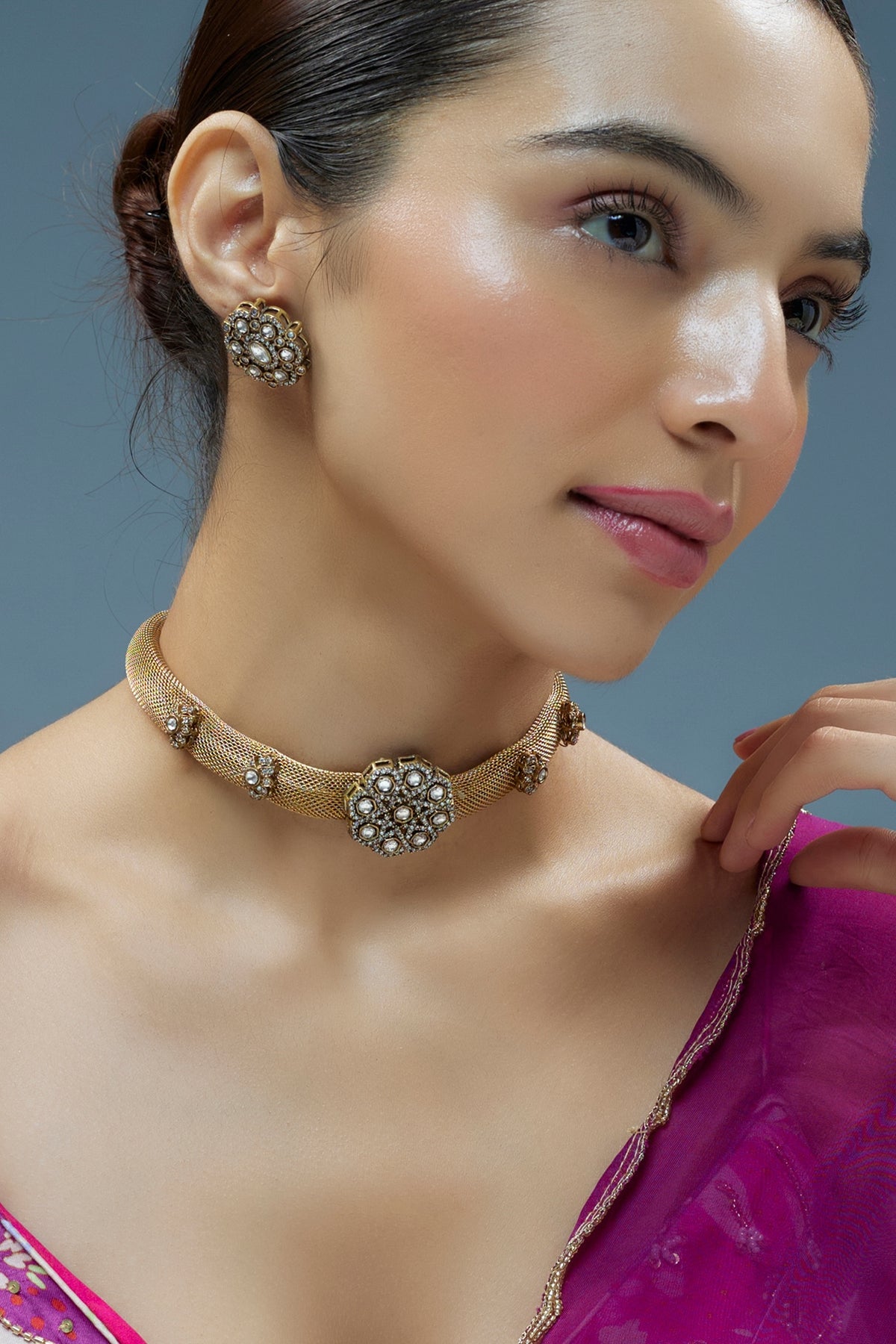 Gold Finish Kundan Polki Mesh Chain Necklace Set