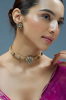 Gold Finish Kundan Polki Mesh Chain Necklace Set