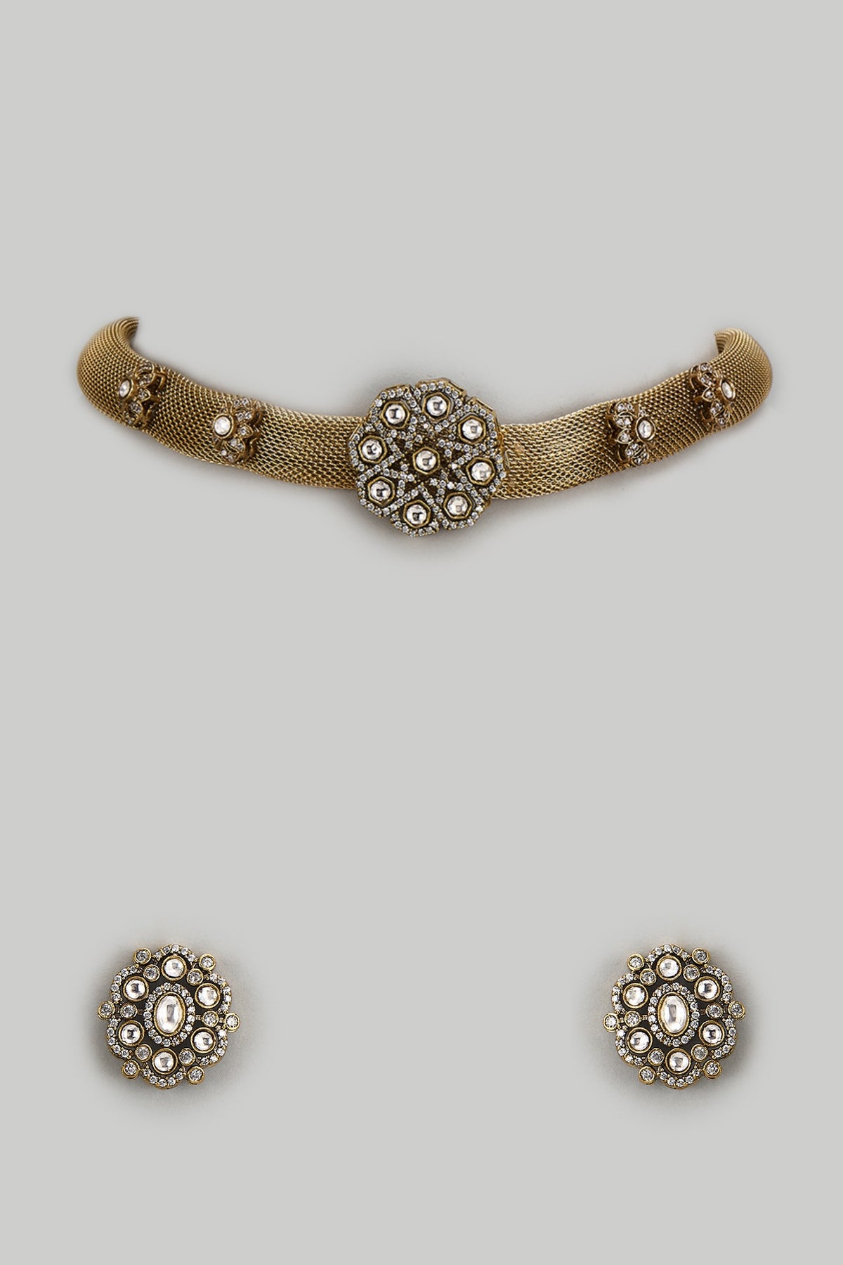 Gold Finish Kundan Polki Mesh Chain Necklace Set