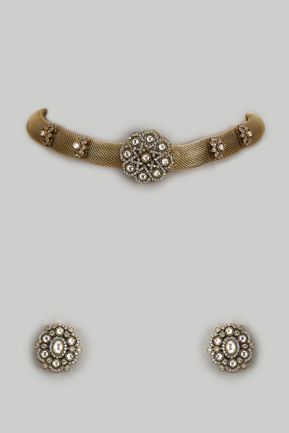 Gold Finish Kundan Polki Mesh Chain Necklace Set