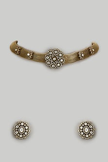 Gold Finish Kundan Polki Mesh Chain Necklace Set