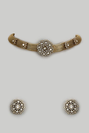 Gold Finish Kundan Polki Mesh Chain Necklace Set