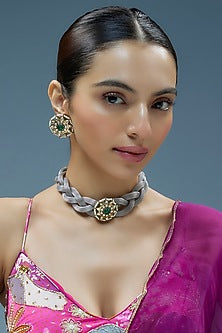 Silver Finish Kundan Polki Mesh Chain Necklace Set
