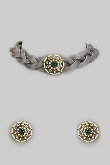 Silver Finish Kundan Polki Mesh Chain Necklace Set