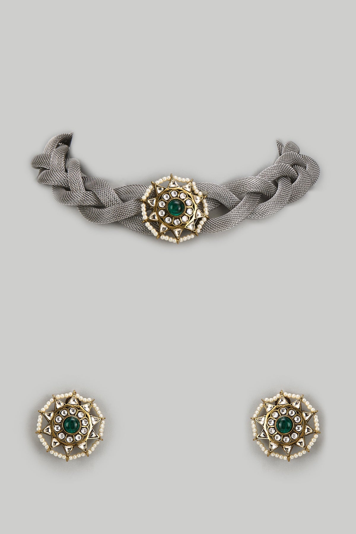 Silver Finish Kundan Polki Mesh Chain Necklace Set