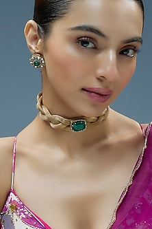 Gold Finish Kundan Polki Mesh Chain Necklace Set