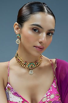 Gold Finish Kundan Polki & Semi-Precious Stone Necklace Set