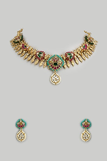 Gold Finish Kundan Polki & Semi-Precious Stone Necklace Set