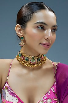 Gold Finish Kundan Polki & Semi-Precious Stone Necklace Set