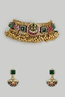 Gold Finish Kundan Polki & Semi-Precious Stone Necklace Set